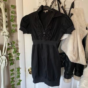 Black Ruffle Collar Button Detail Black Mini BeBop Dress